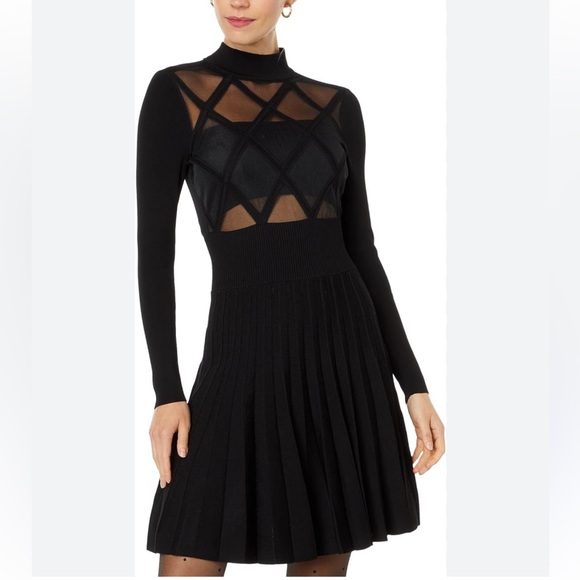 Ted Baker Women Black Sheer Argyle Skater Dress Long Sleeve Size 16-18